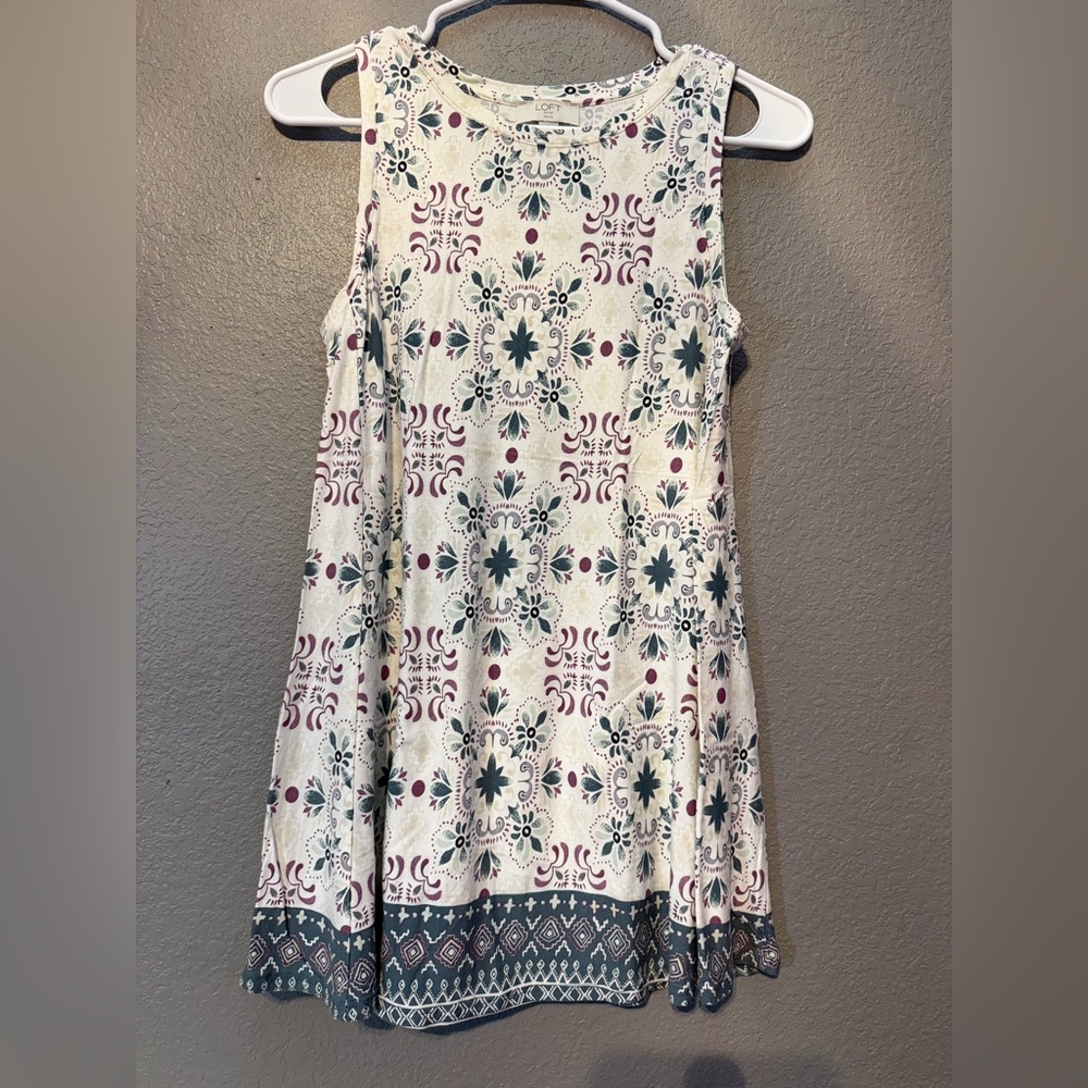 LOFT Cream Mini Dress with Blue-Green and Mauve Print